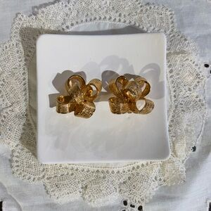 Vintage Gold Tone Gold Bow Clip On Earrings KJL Signed